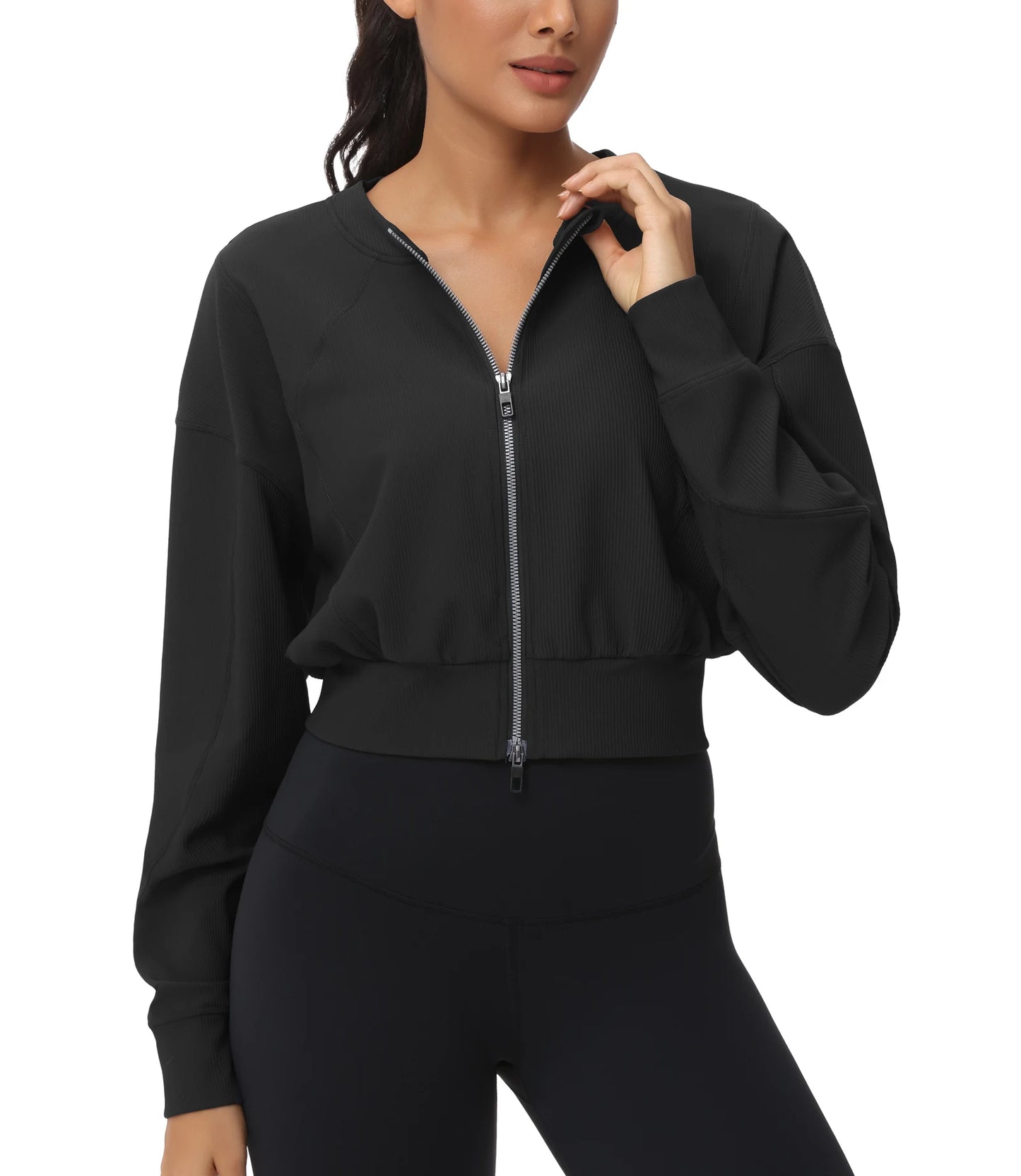 THE GYM PEOPLE Women's Cropped Jackets Full Zip Long Sleeve Ribbed Workout Sweatshirts Lightweight Casual Tops