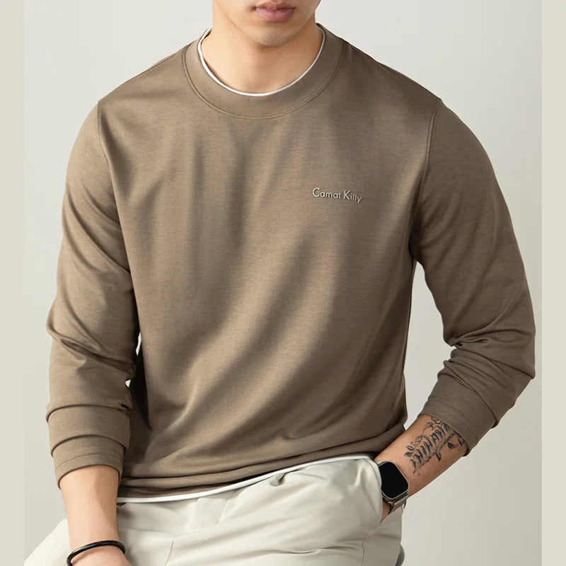 Men Double Collar Elasticity Comfortable Long Sleeve T-shirt Man Korean Streetwear Fashion T Shirts Tops Sport Tshirt