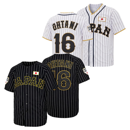 Men’s #16 Japan Samurai White Striped、Black Striped Ohtani Baseball Jersey, Letter Embroidery Competition Training Baseball Apparel, Fan Gif