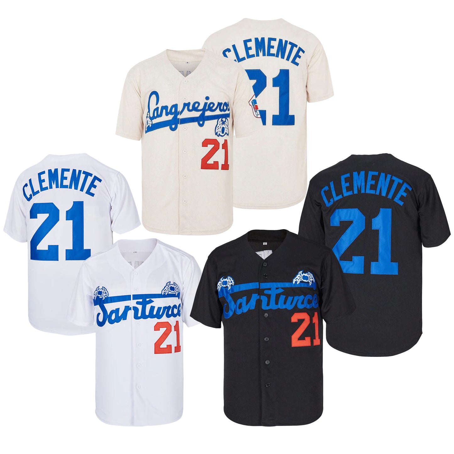 Santurce Crabs #21 Roberto Clemente Beige、Black 、White Baseball Jersey, World Baseball Classic Letter Embroidery Sweatshirt