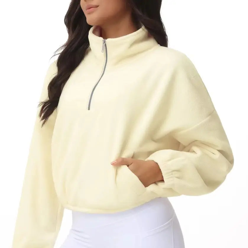 THE GYM PEOPLE Women’s Half Zip Crop Pullover Sweatshirt Fleece Loose Fit Workout Tops with Pockets Drawstring Hem