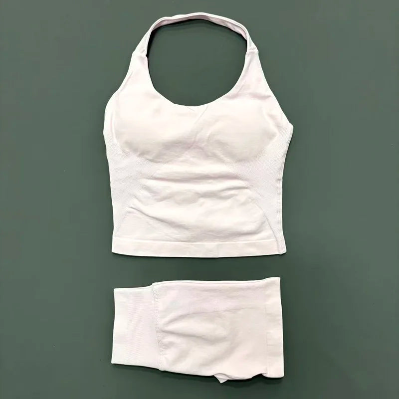 2 Pieces Sports Halter Top Strappy Bra Shorts Set Women Seamless Yoga Gym Leggings Set Running Fitness Sports Shorts Suit