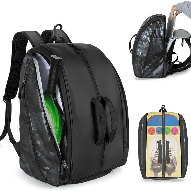 Men Women Pickleball Bag Waterproof Easy Wipe with Shoe Compartment Adjustable Multi Layer Backpack