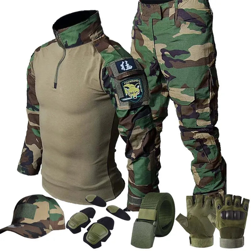 Woodland Tactical Unifirm Mens Sets Outdoor Hunting Training Suits Combat Shirts Ripstop Pants Workwear Clothes Wear-resisting