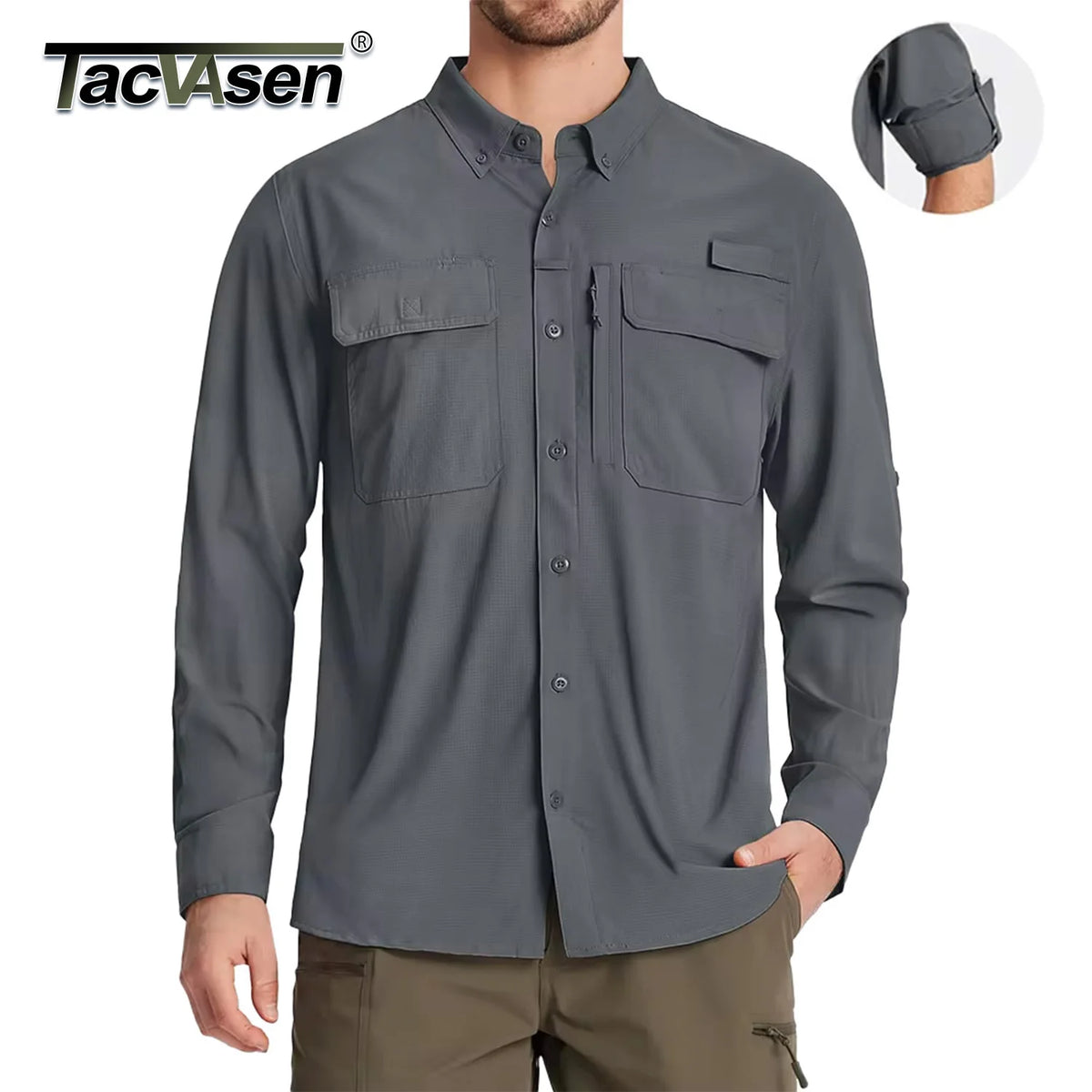 TACVASEN UPF 50+ Sun Protection Fishing Shirts Men's Quick Dry Long Sleeve Shirts Mesh Breathable Hiking Work Cargo Shirts