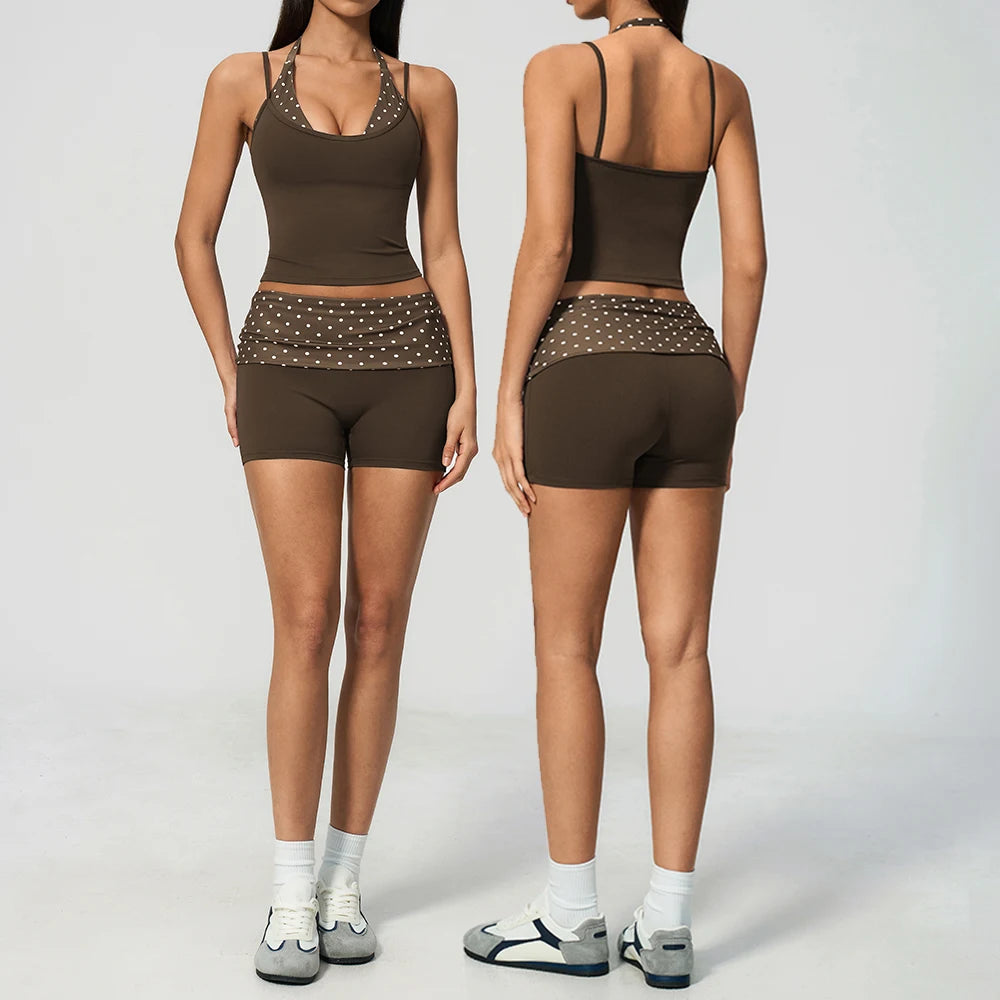 Women's 2 Piece Yoga Set Padded Halter Neck Longline Top Fold Over Waistband Polka Dot Striped Biker Shorts Gym Activewear Suits
