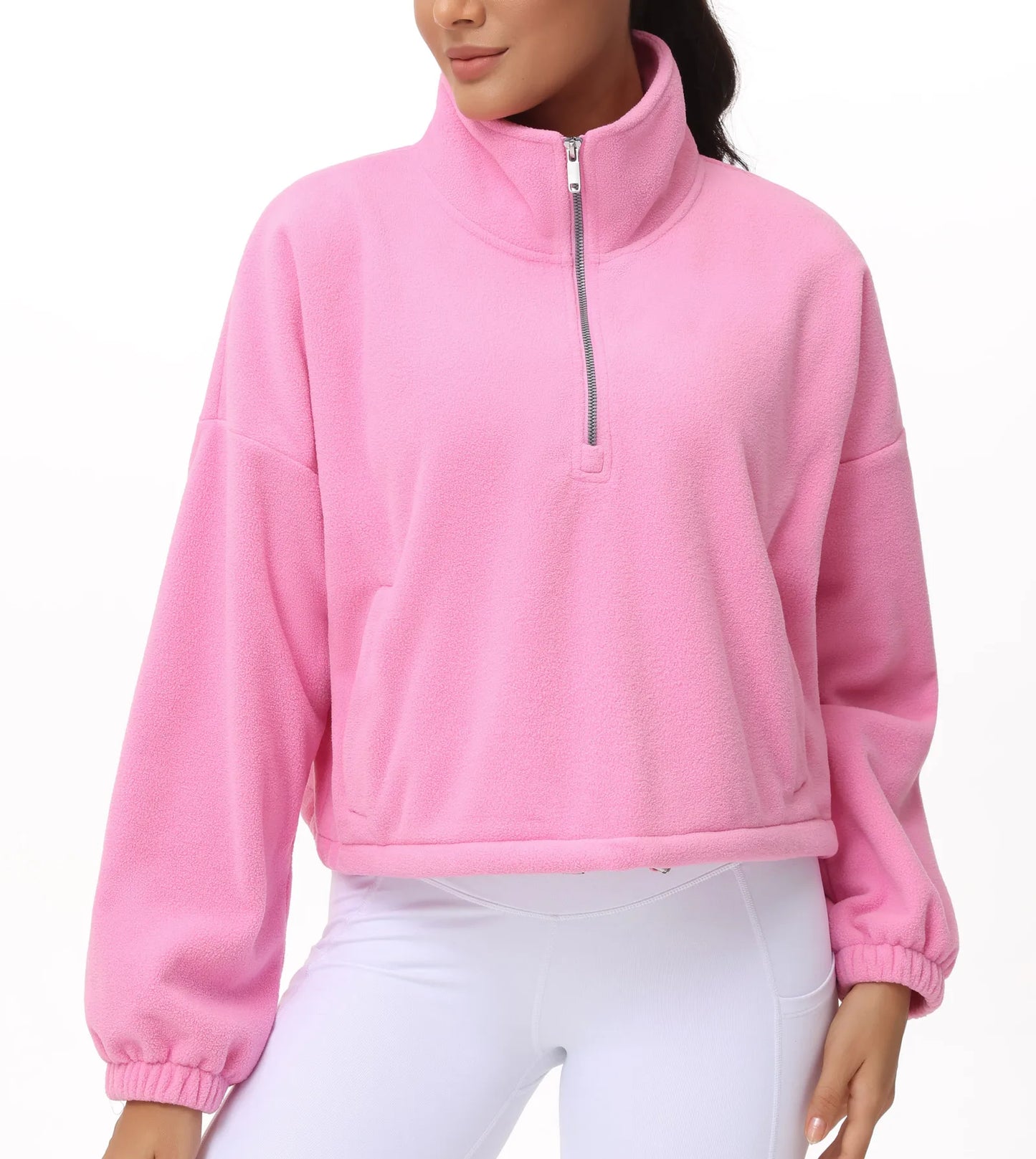 THE GYM PEOPLE Women’s Half Zip Crop Pullover Sweatshirt Fleece Loose Fit Workout Tops with Pockets Drawstring Hem