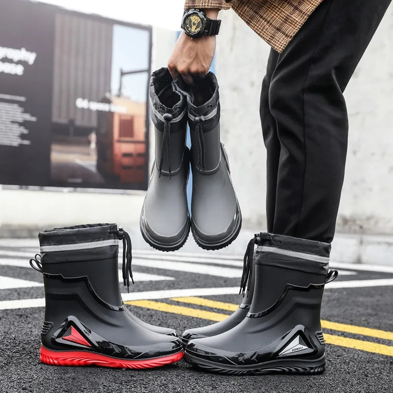 2026 Men's new short tube water boots, waterproof shoes, anti slip thick soled rain boots, outdoor work rain boots