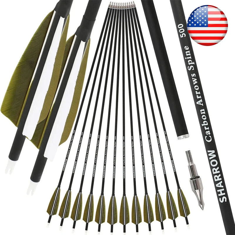 Archery 12pcs 30inch Mixed Carbon Arrow 4inch Shield Turkey Feather ID6.2mm OD7.8mm Spine 500 Hunting Shooting Accessories