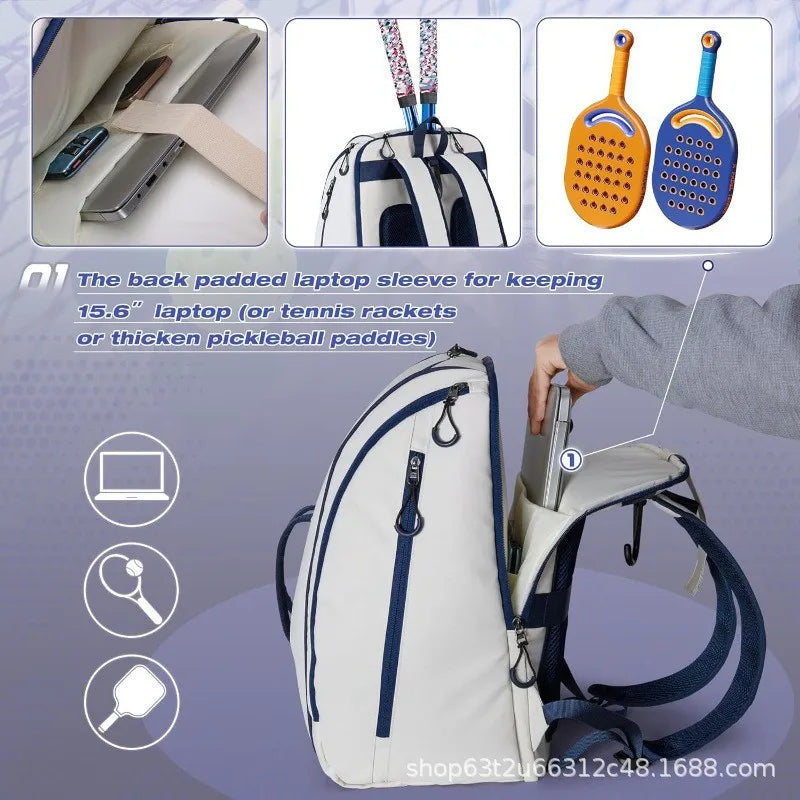 Men Women Pickleball Bag Waterproof Easy Wipe with Shoe Compartment Adjustable Multi Layer Backpack
