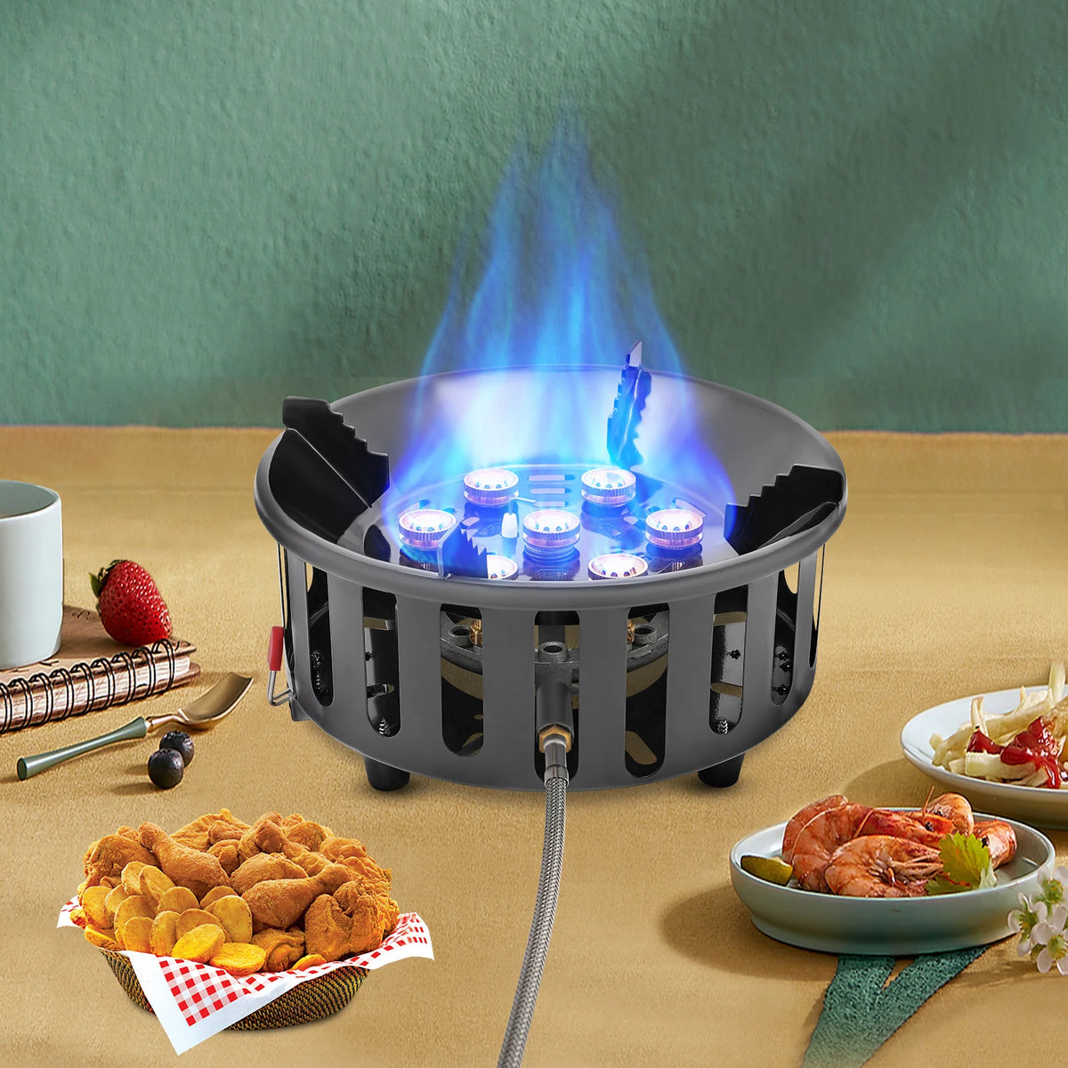7-Core Camping Stove High-Power Strong Fire Portable Tourist Gas Burner Windproof Electronic Ignition Camping Equipment 21000W