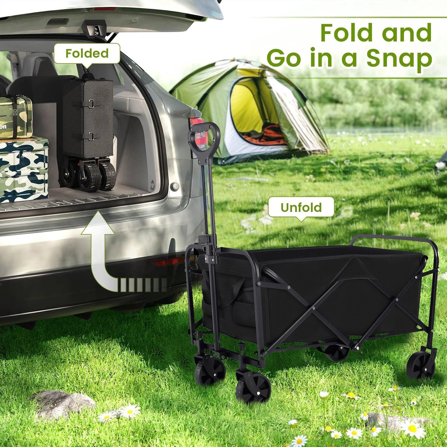 Heavy Duty Wagon Carts Foldable, Portable Wagons for Groceries, Beach Cart with All-Terrain Wheels  Drink Holders, Utility Wagon