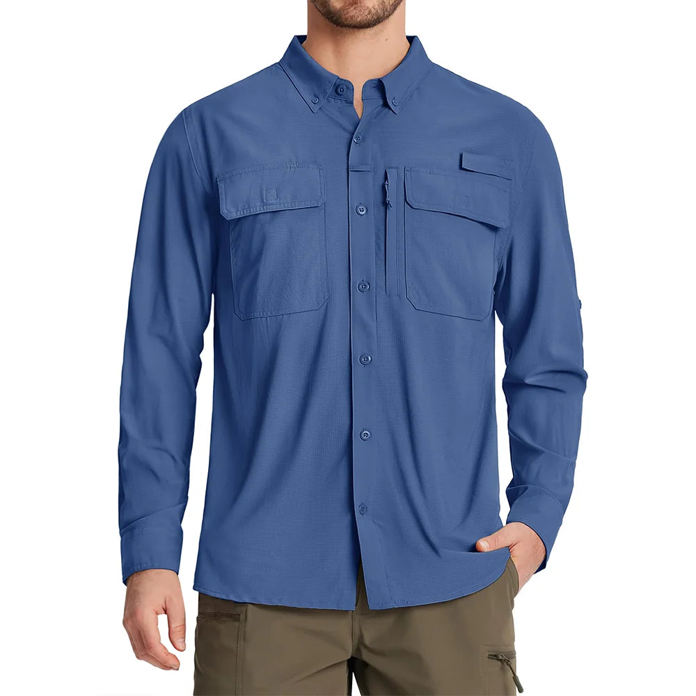 TACVASEN UPF 50+ Sun Protection Fishing Shirts Men's Quick Dry Long Sleeve Shirts Mesh Breathable Hiking Work Cargo Shirts