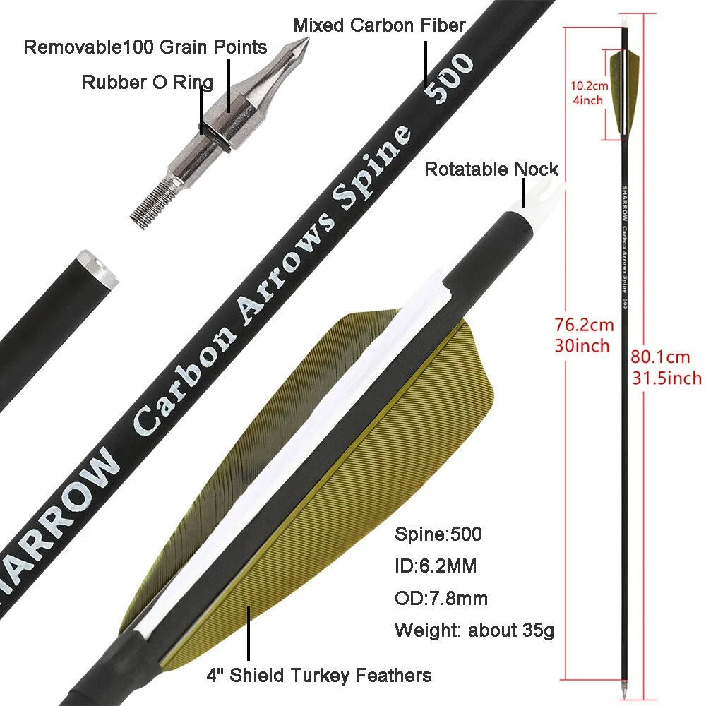 Archery 12pcs 30inch Mixed Carbon Arrow 4inch Shield Turkey Feather ID6.2mm OD7.8mm Spine 500 Hunting Shooting Accessories