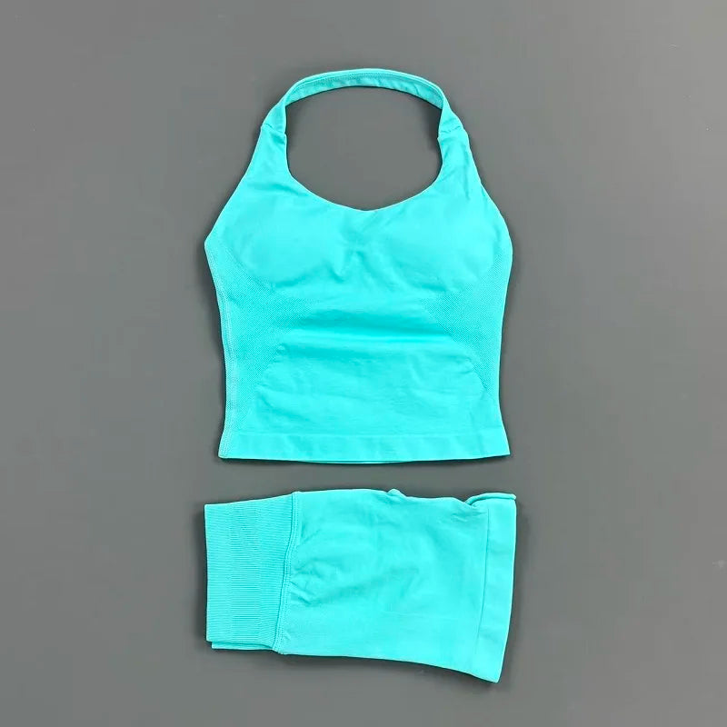 2 Pieces Sports Halter Top Strappy Bra Shorts Set Women Seamless Yoga Gym Leggings Set Running Fitness Sports Shorts Suit