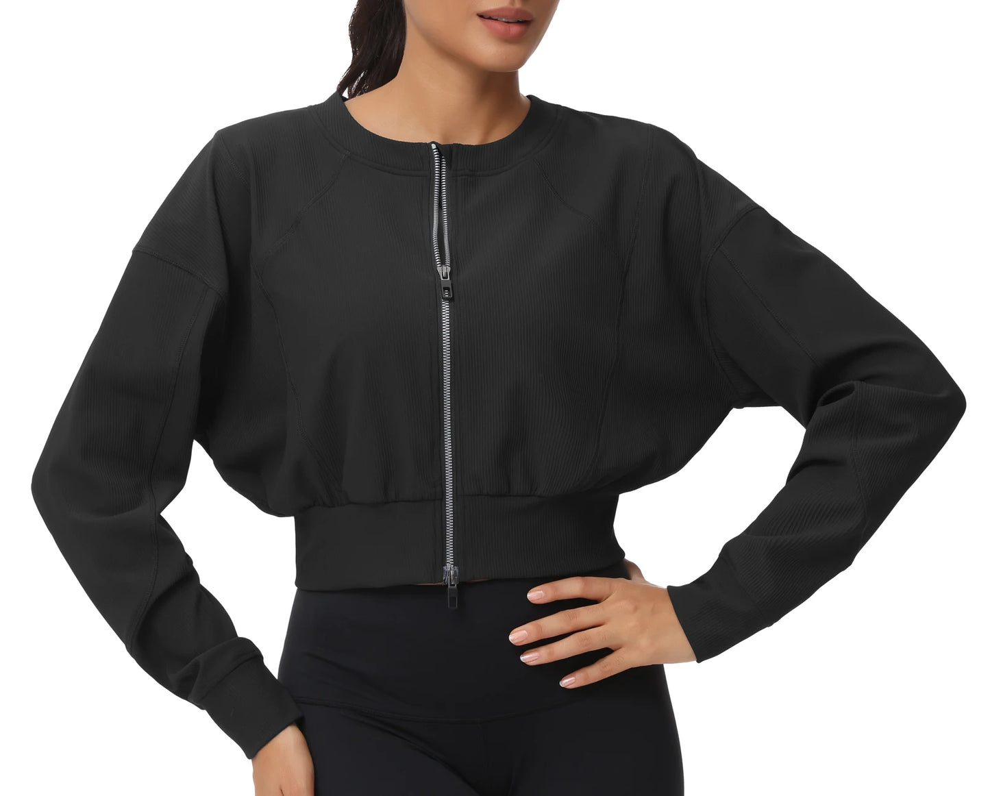 THE GYM PEOPLE Women's Cropped Jackets Full Zip Long Sleeve Ribbed Workout Sweatshirts Lightweight Casual Tops