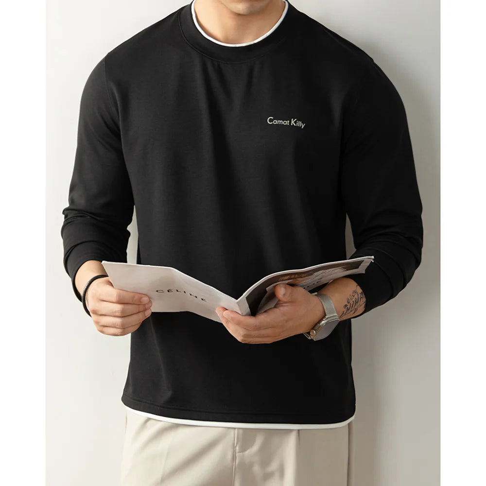 Men Double Collar Elasticity Comfortable Long Sleeve T-shirt Man Korean Streetwear Fashion T Shirts Tops Sport Tshirt