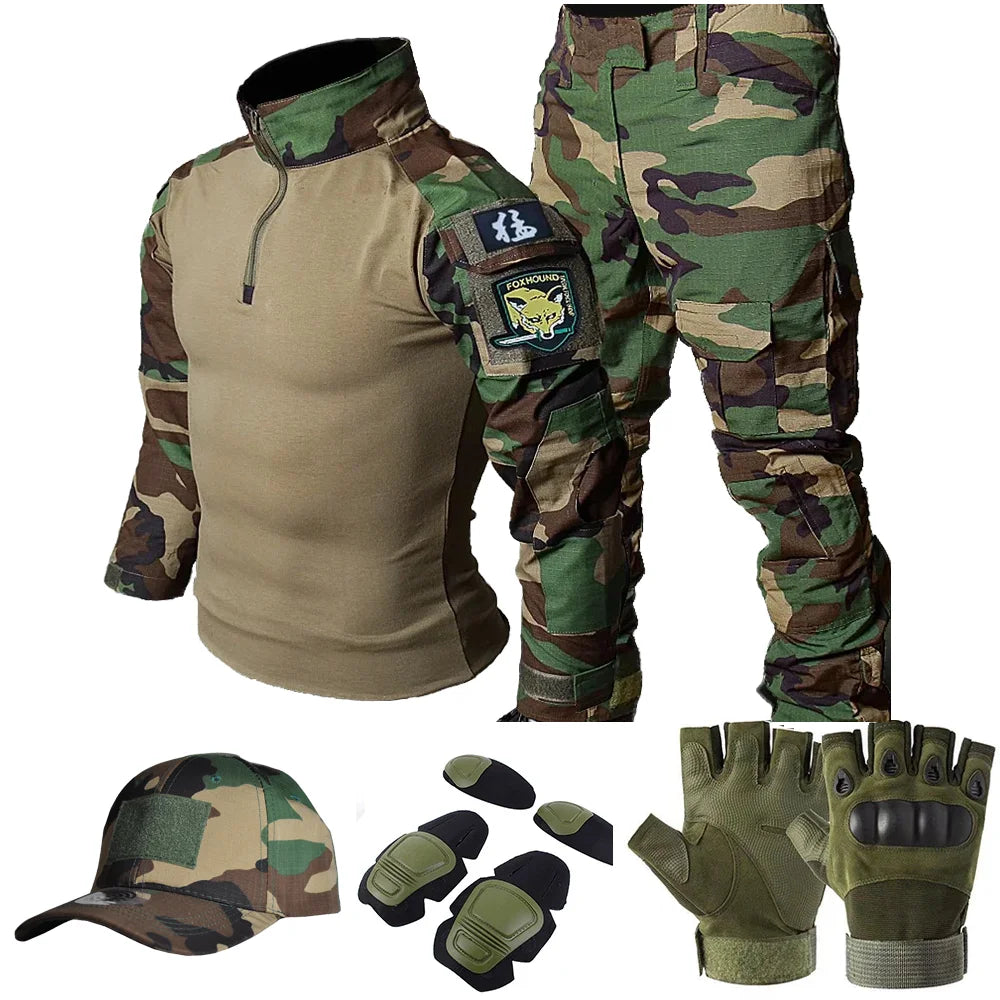 Woodland Tactical Unifirm Mens Sets Outdoor Hunting Training Suits Combat Shirts Ripstop Pants Workwear Clothes Wear-resisting