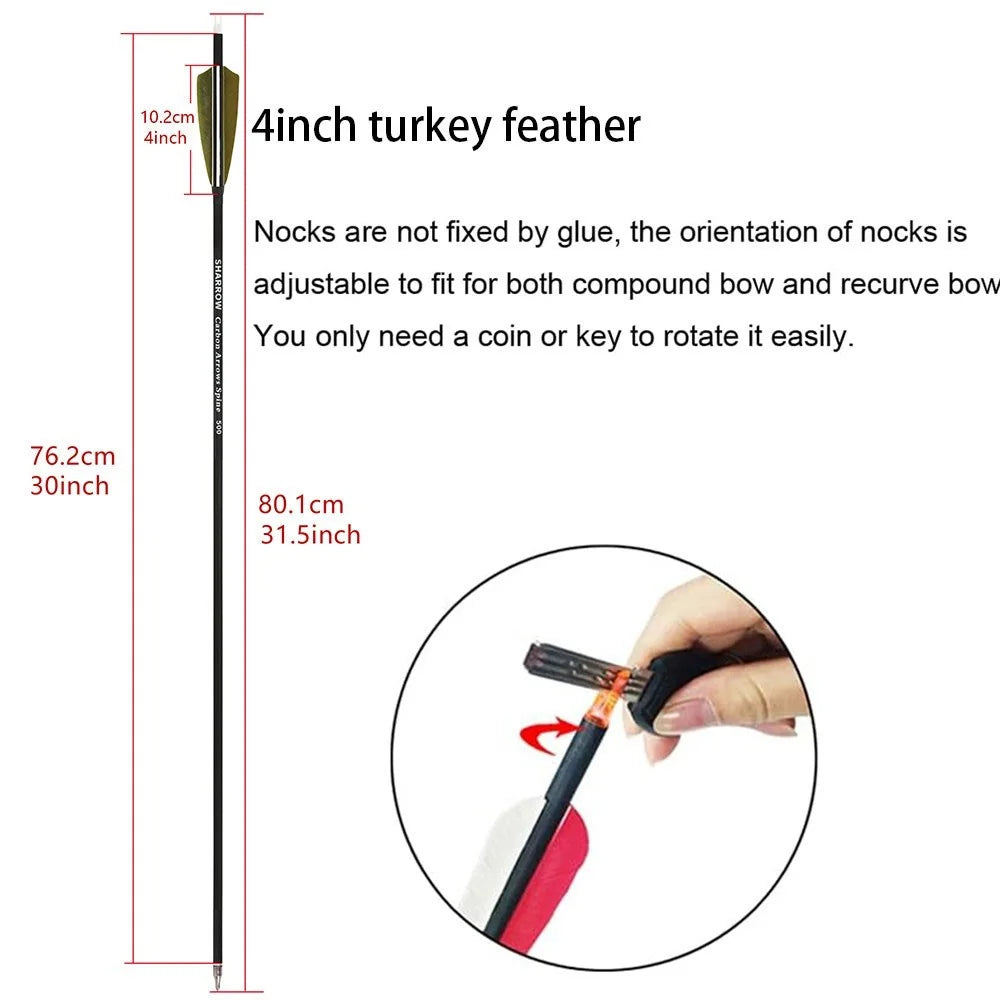 Archery 12pcs 30inch Mixed Carbon Arrow 4inch Shield Turkey Feather ID6.2mm OD7.8mm Spine 500 Hunting Shooting Accessories