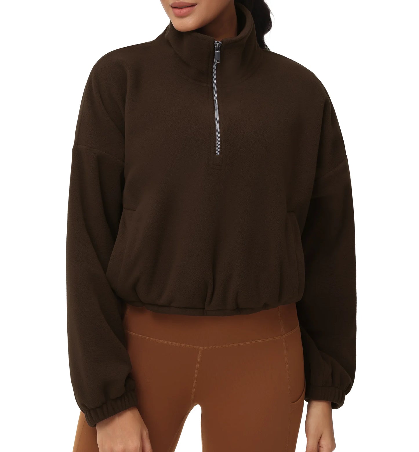 THE GYM PEOPLE Women’s Half Zip Crop Pullover Sweatshirt Fleece Loose Fit Workout Tops with Pockets Drawstring Hem