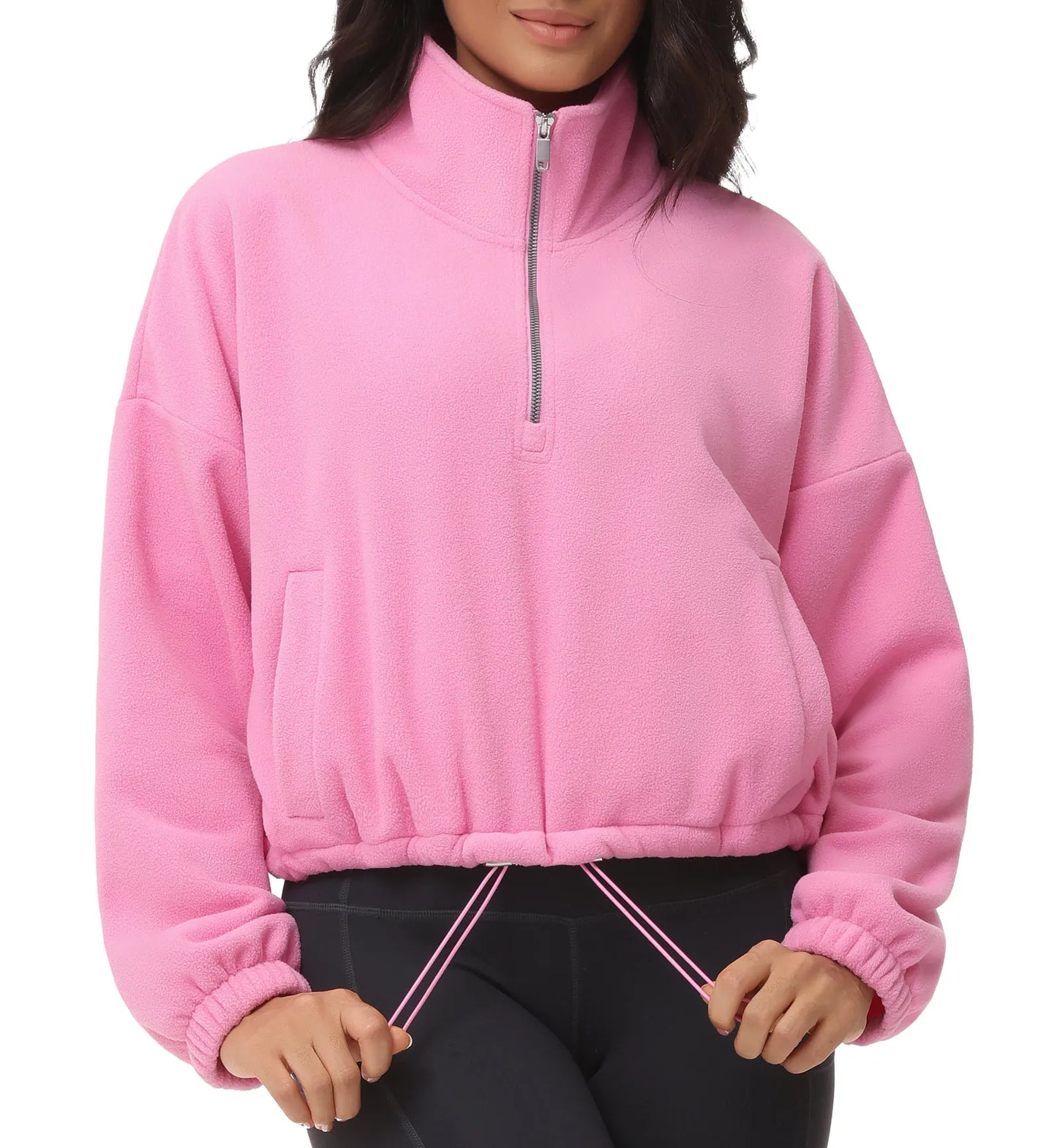THE GYM PEOPLE Women’s Half Zip Crop Pullover Sweatshirt Fleece Loose Fit Workout Tops with Pockets Drawstring Hem