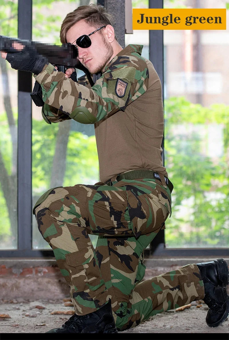 Woodland Tactical Unifirm Mens Sets Outdoor Hunting Training Suits Combat Shirts Ripstop Pants Workwear Clothes Wear-resisting