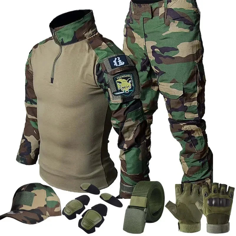 Woodland Tactical Unifirm Mens Sets Outdoor Hunting Training Suits Combat Shirts Ripstop Pants Workwear Clothes Wear-resisting