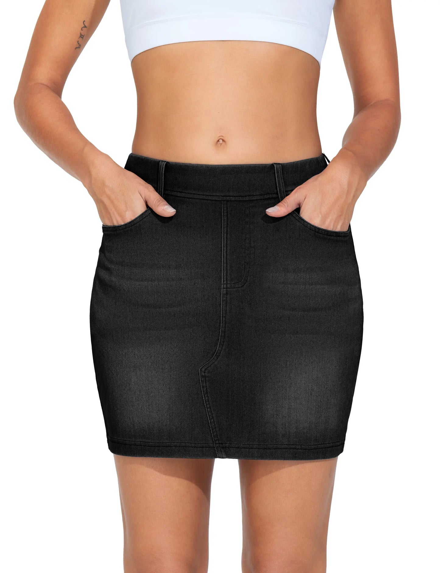 THE GYM PEOPLE Women's High Waisted Mini Denim Skirts with Pockets Stretch Skinny Jean Bodycon Skirts