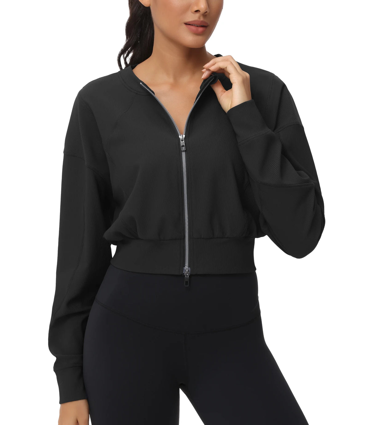 THE GYM PEOPLE Women's Cropped Jackets Full Zip Long Sleeve Ribbed Workout Sweatshirts Lightweight Casual Tops