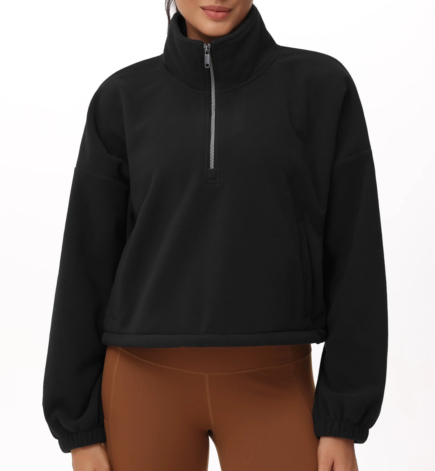 THE GYM PEOPLE Women’s Half Zip Crop Pullover Sweatshirt Fleece Loose Fit Workout Tops with Pockets Drawstring Hem