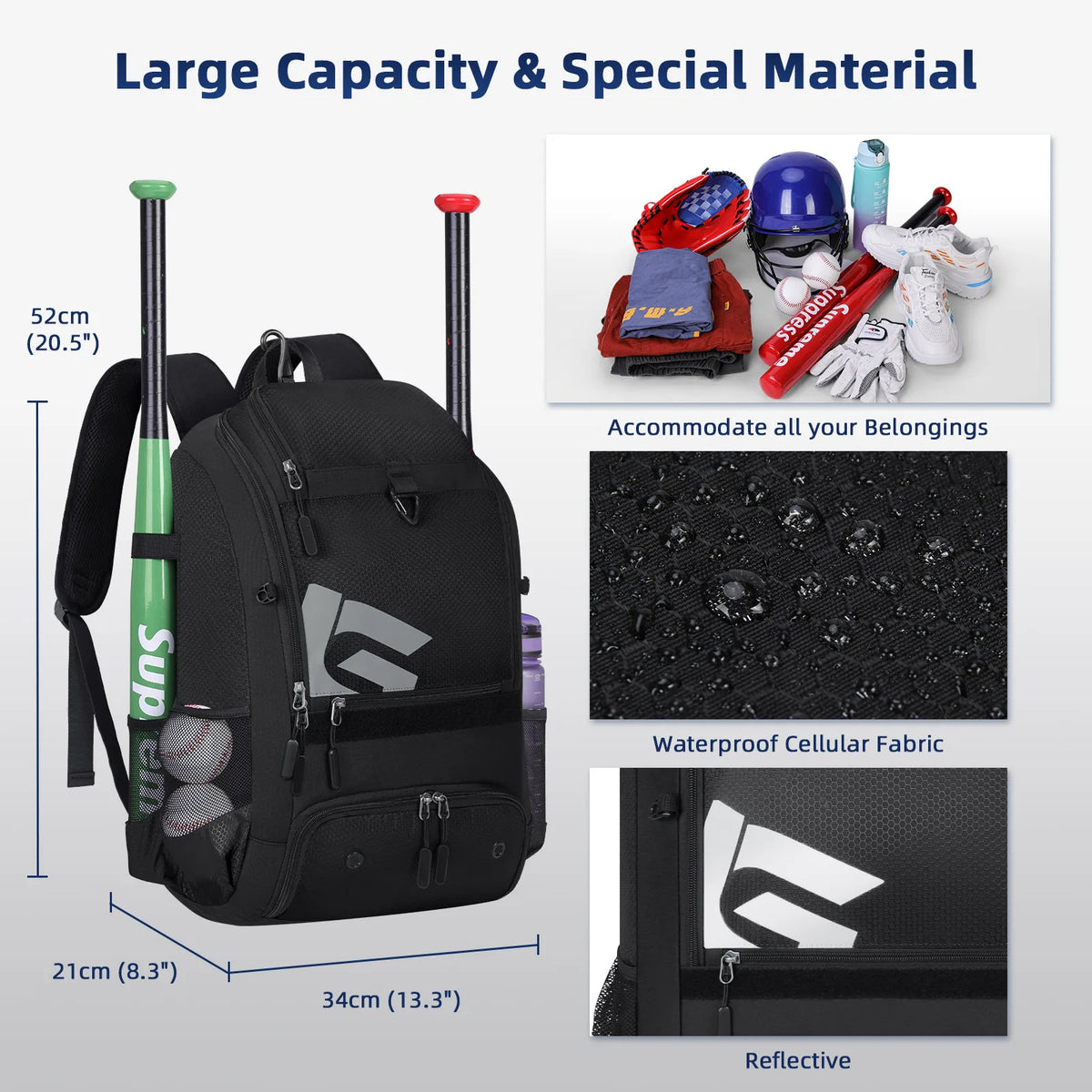Large Capacity Baseball Backpack Outdoor Sport Lightweight Backpack for Baseball Softball Bat Backpack With Shoe Compartment