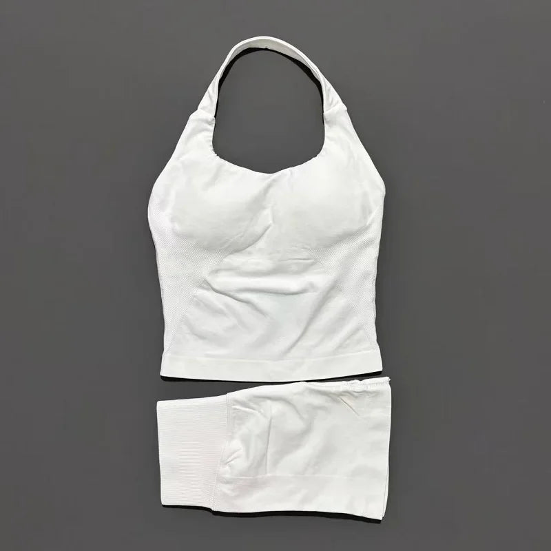 2 Pieces Sports Halter Top Strappy Bra Shorts Set Women Seamless Yoga Gym Leggings Set Running Fitness Sports Shorts Suit