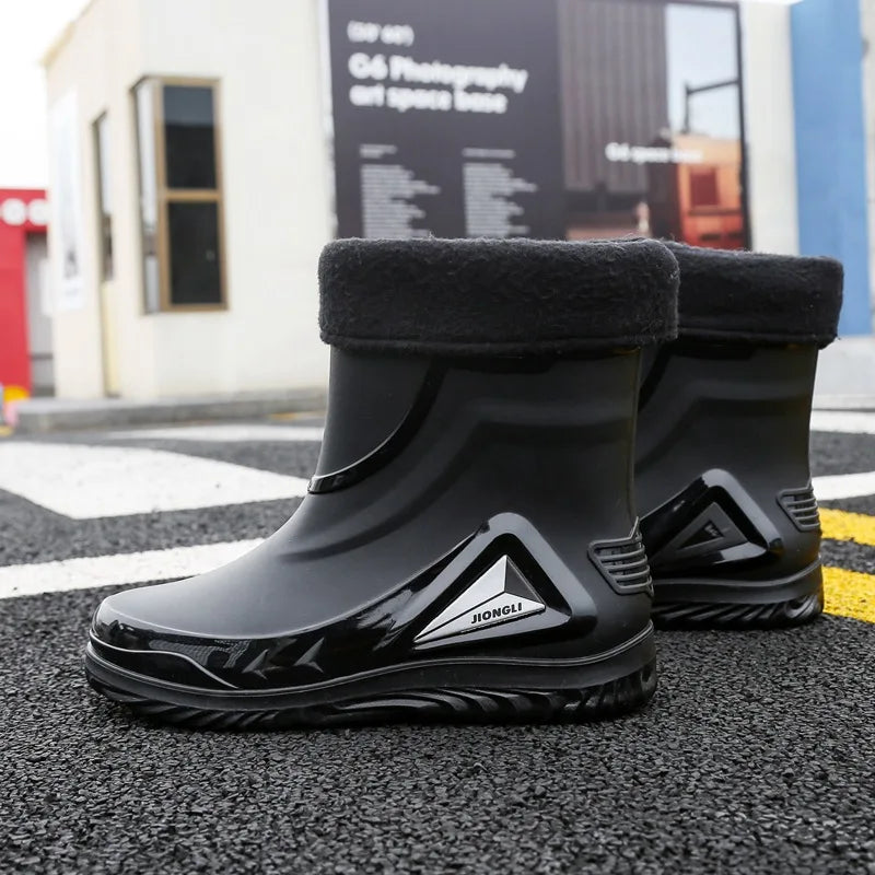 2026 Men's new short tube water boots, waterproof shoes, anti slip thick soled rain boots, outdoor work rain boots
