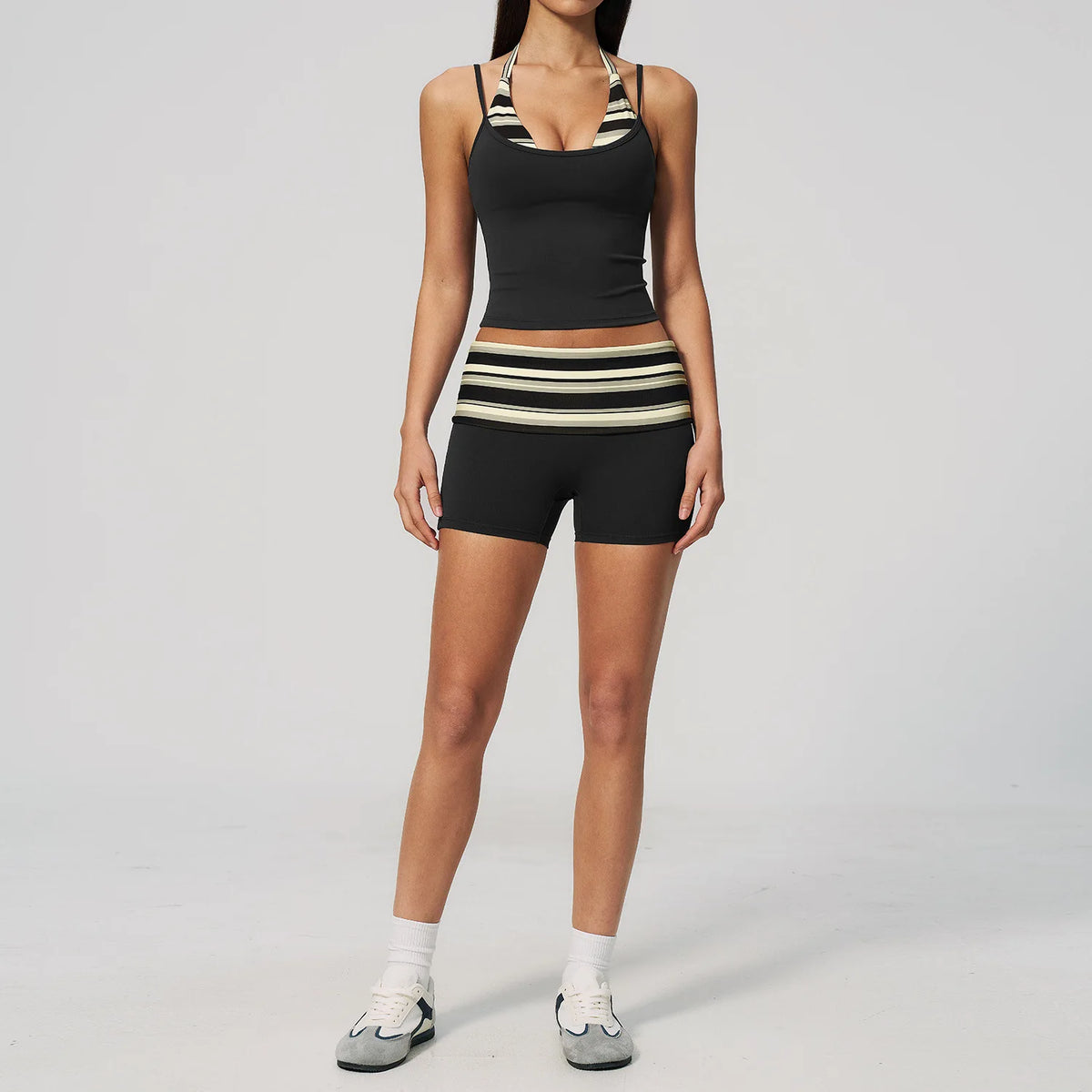Women's 2 Piece Yoga Set Padded Halter Neck Longline Top Fold Over Waistband Polka Dot Striped Biker Shorts Gym Activewear Suits