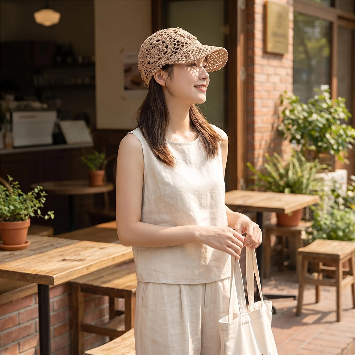 Summer Openwork Hand-crocheted Baseball Cap Retro Breathable Sun Hat Adjustable Versatile Baseball Cap