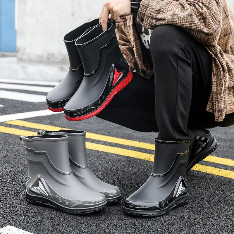 2026 Men's new short tube water boots, waterproof shoes, anti slip thick soled rain boots, outdoor work rain boots