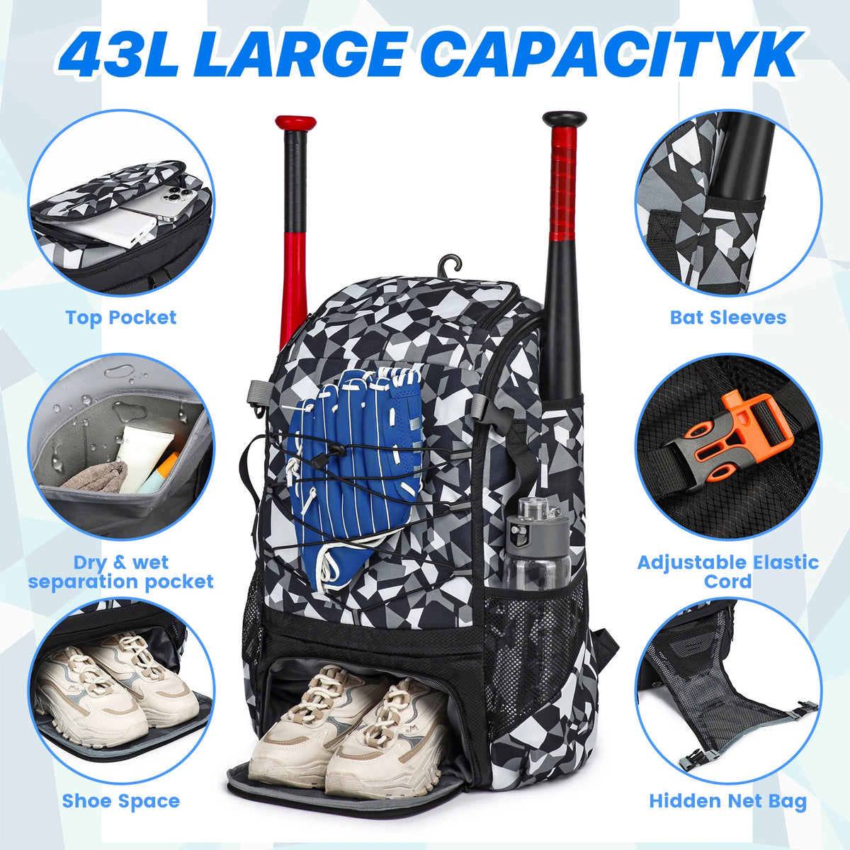 Bat Bags Baseball & Softball Equipment Bag Lightweight Waterproof Equipment Bag For Youth And Adults T-Ball Softball