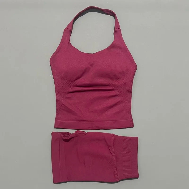 2 Pieces Sports Halter Top Strappy Bra Shorts Set Women Seamless Yoga Gym Leggings Set Running Fitness Sports Shorts Suit