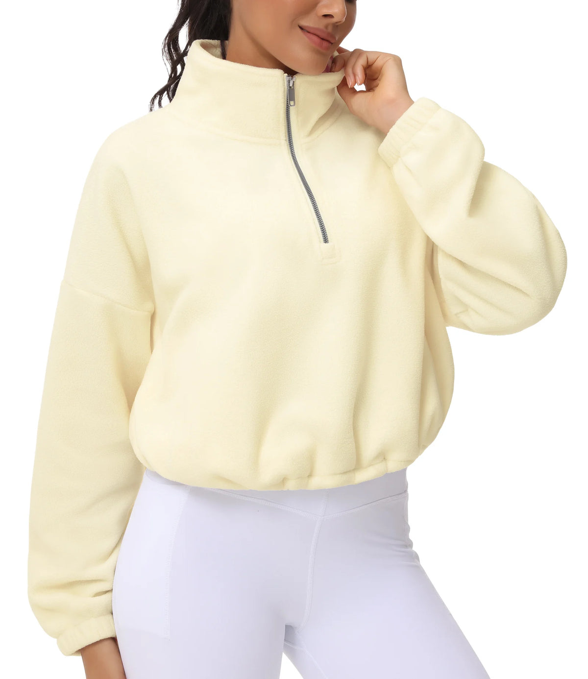 THE GYM PEOPLE Women’s Half Zip Crop Pullover Sweatshirt Fleece Loose Fit Workout Tops with Pockets Drawstring Hem