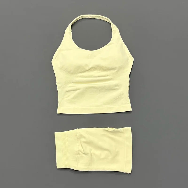 2 Pieces Sports Halter Top Strappy Bra Shorts Set Women Seamless Yoga Gym Leggings Set Running Fitness Sports Shorts Suit