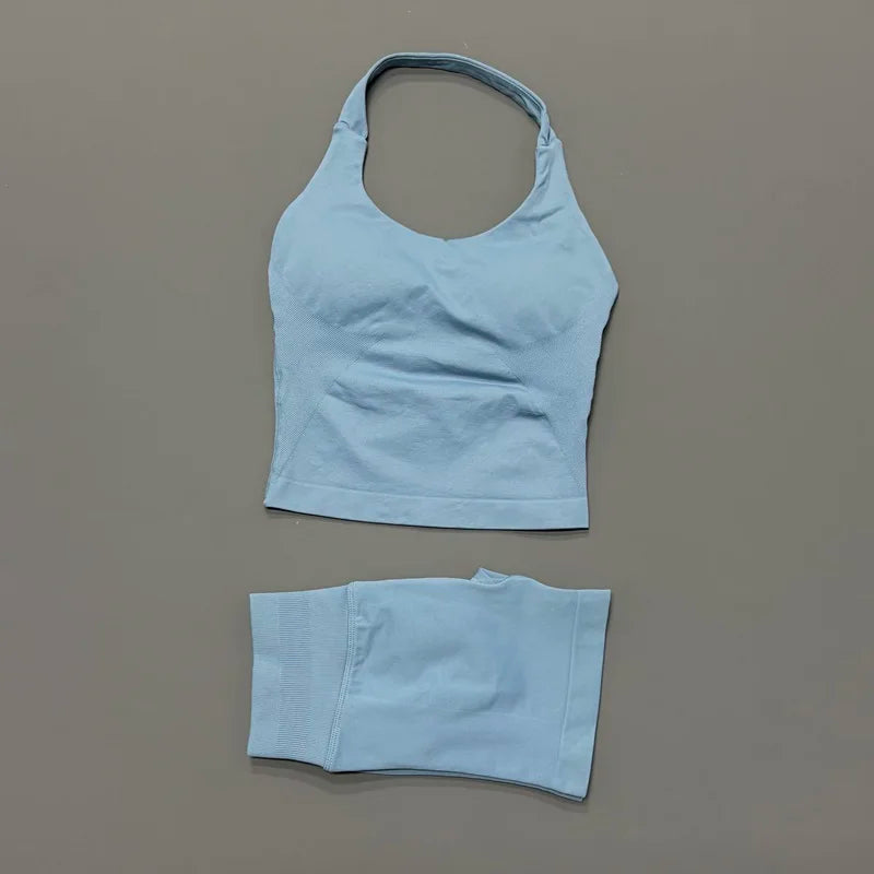 2 Pieces Sports Halter Top Strappy Bra Shorts Set Women Seamless Yoga Gym Leggings Set Running Fitness Sports Shorts Suit