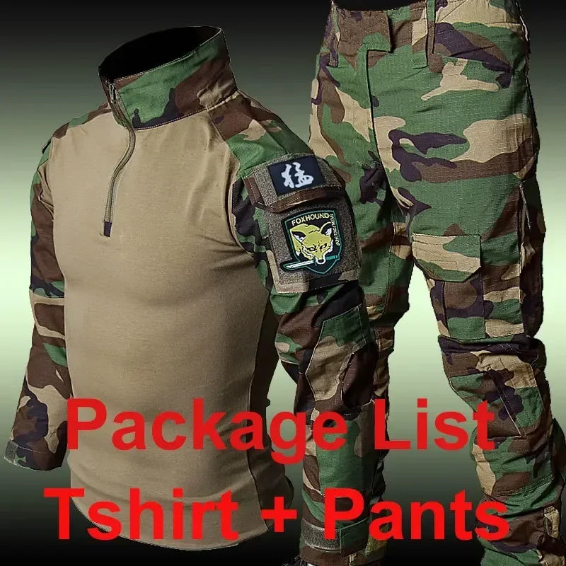 Woodland Tactical Unifirm Mens Sets Outdoor Hunting Training Suits Combat Shirts Ripstop Pants Workwear Clothes Wear-resisting