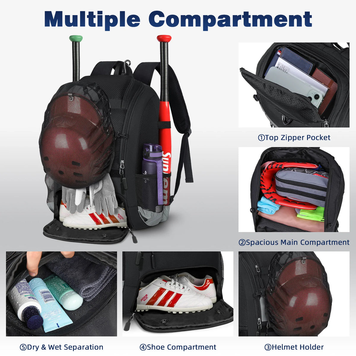 Large Capacity Baseball Backpack Outdoor Sport Lightweight Backpack for Baseball Softball Bat Backpack With Shoe Compartment
